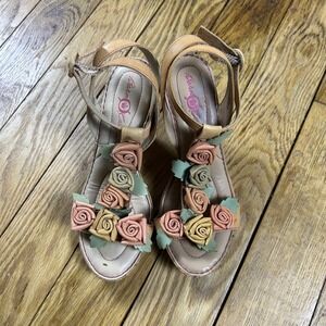 Y2K Born Crown Cork Wedge Sandals Women Tan Leather Rose Floral‎ Ankle Strap 6